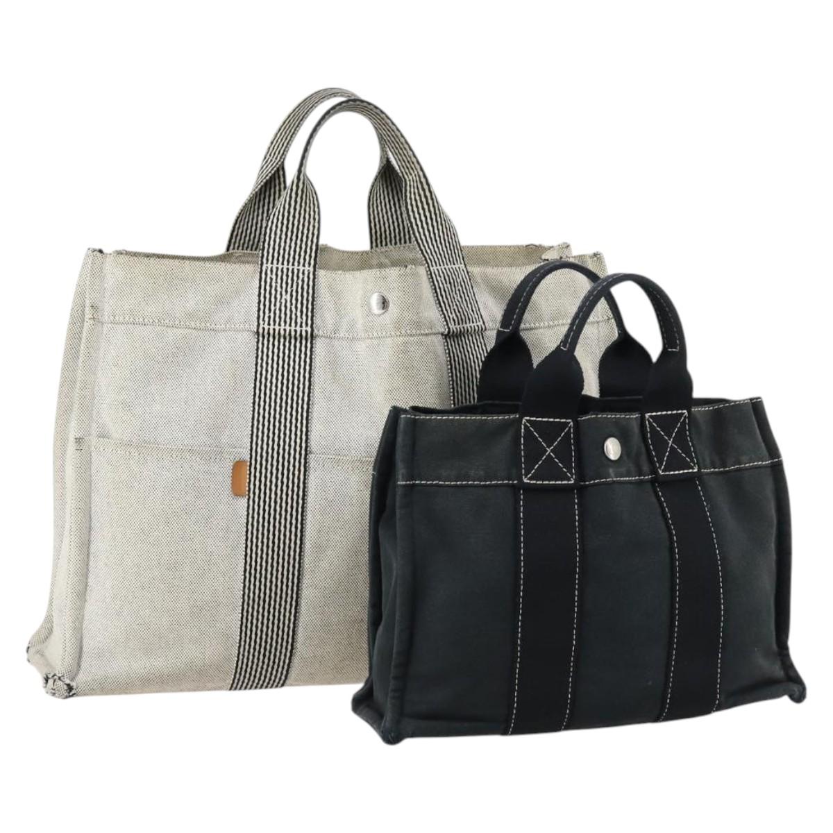 HERMES Fourre Tout Hand Bag Canvas 2Set Gray Black Auth 144215