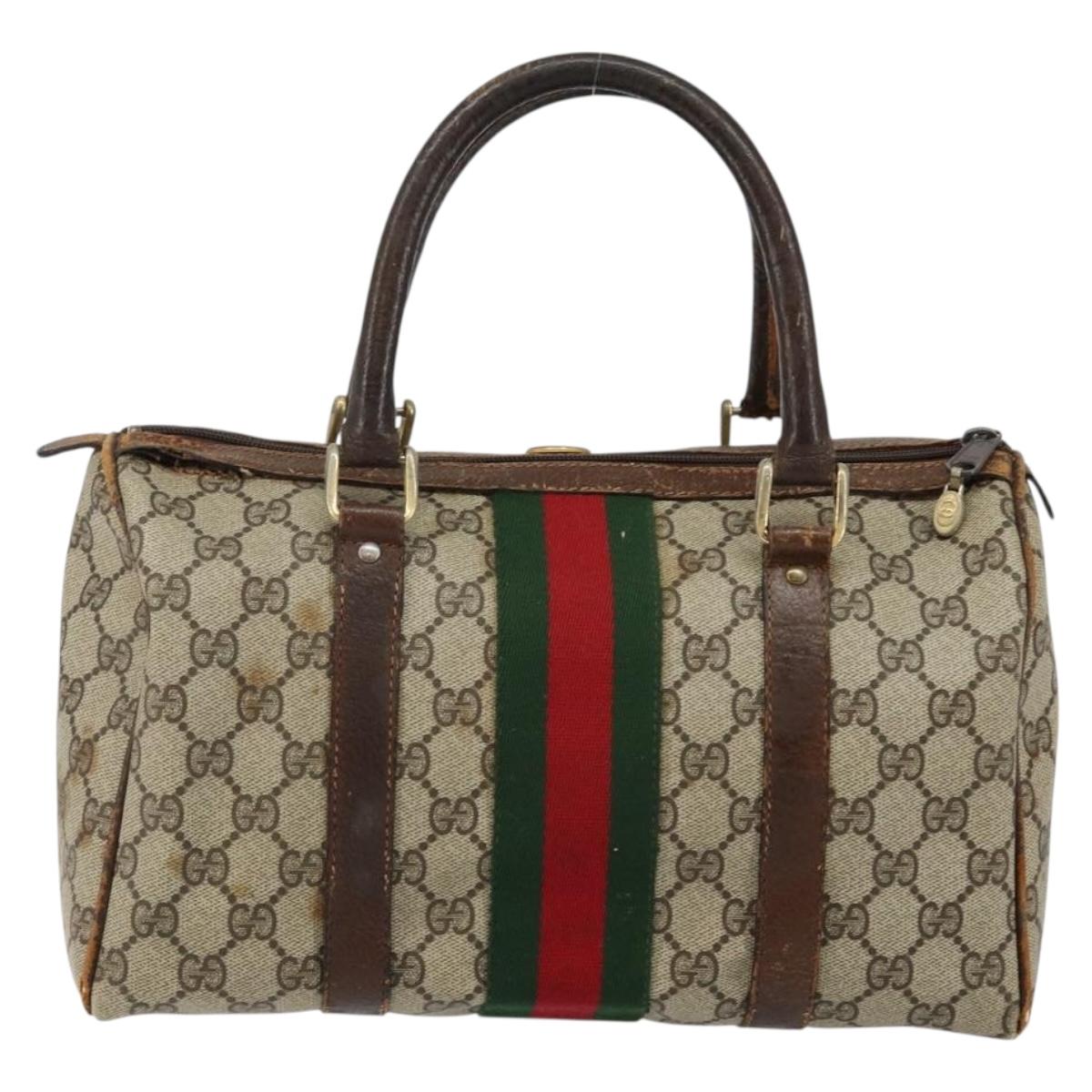 GUCCI GG Supreme Web Sherry Line Boston Bag PVC Beige Gold Auth 144221