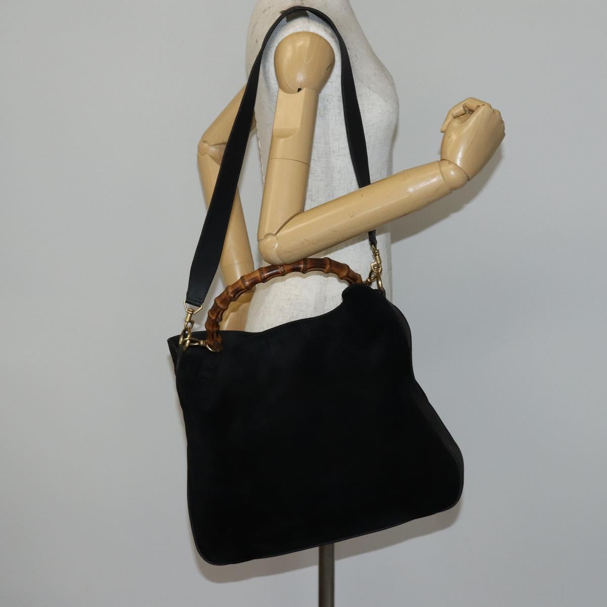 GUCCI Bamboo Shoulder Bag Suede 2way Black Gold 001 1577 Auth 144229