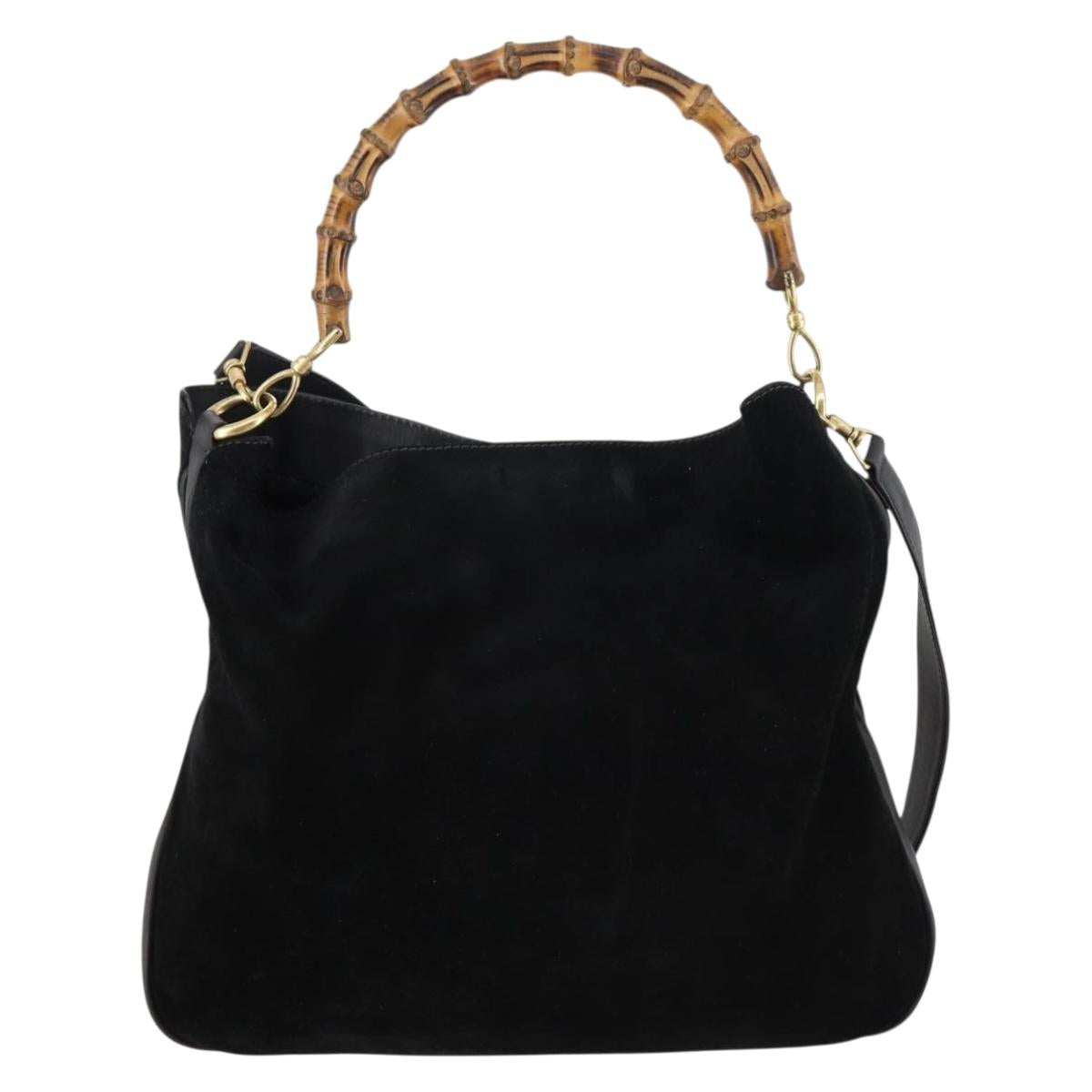 GUCCI Bamboo Shoulder Bag Suede 2way Black Gold 001 1577 Auth 144229