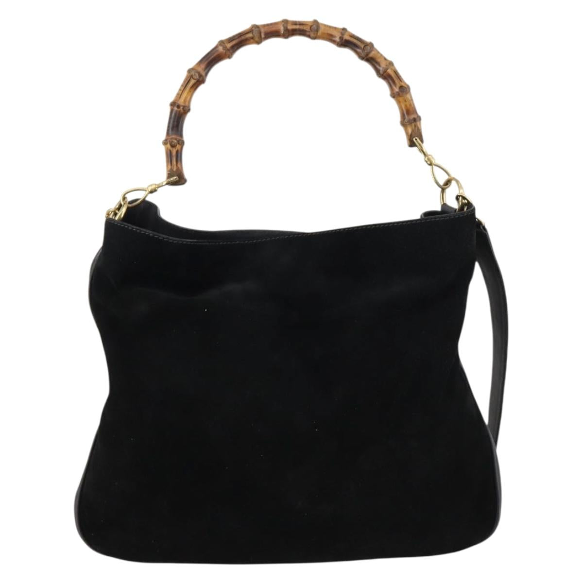 GUCCI Bamboo Shoulder Bag Suede 2way Black Gold 001 1577 Auth 144229