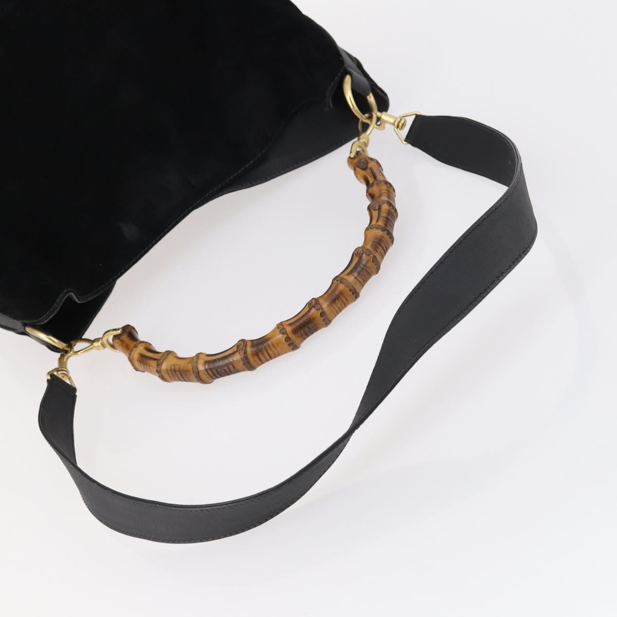 GUCCI Bamboo Shoulder Bag Suede 2way Black Gold 001 1577 Auth 144229