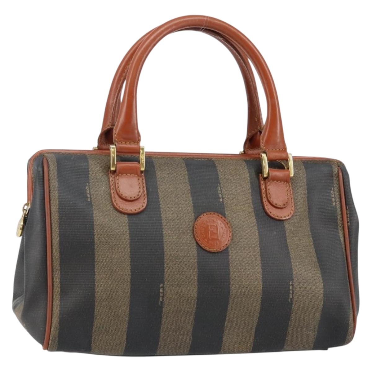 FENDI Pecan Canvas Hand Bag PVC Black Brown Auth 144247