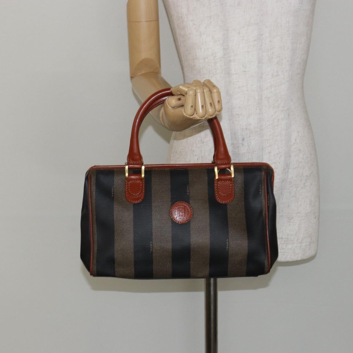 FENDI Pecan Canvas Hand Bag PVC Black Brown Auth 144247