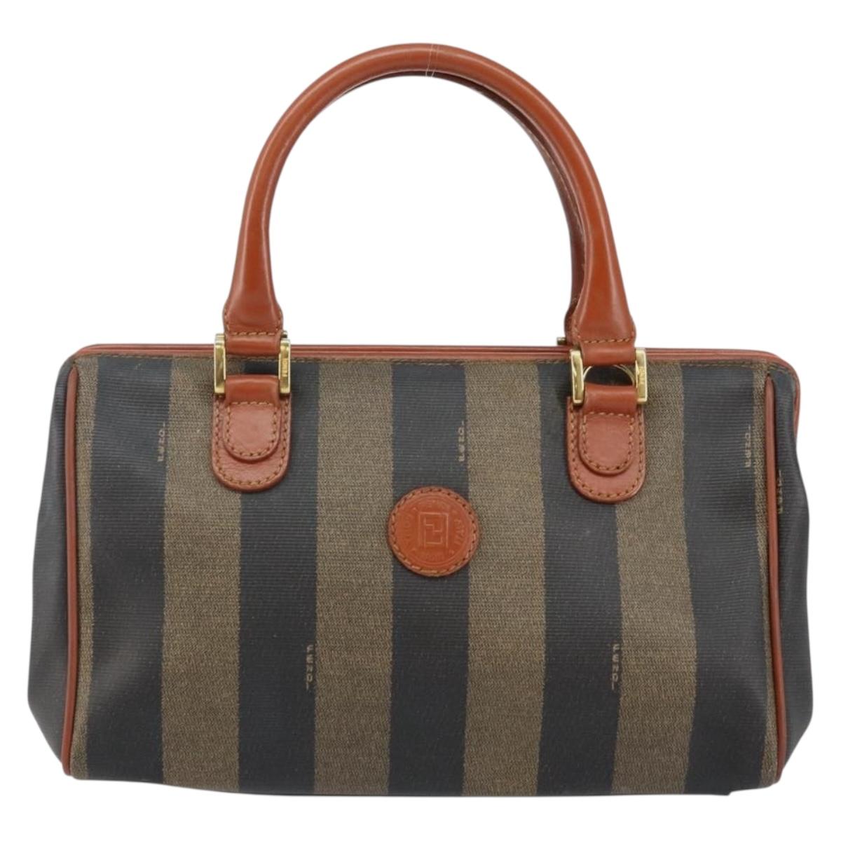 FENDI Pecan Canvas Hand Bag PVC Black Brown Auth 144247