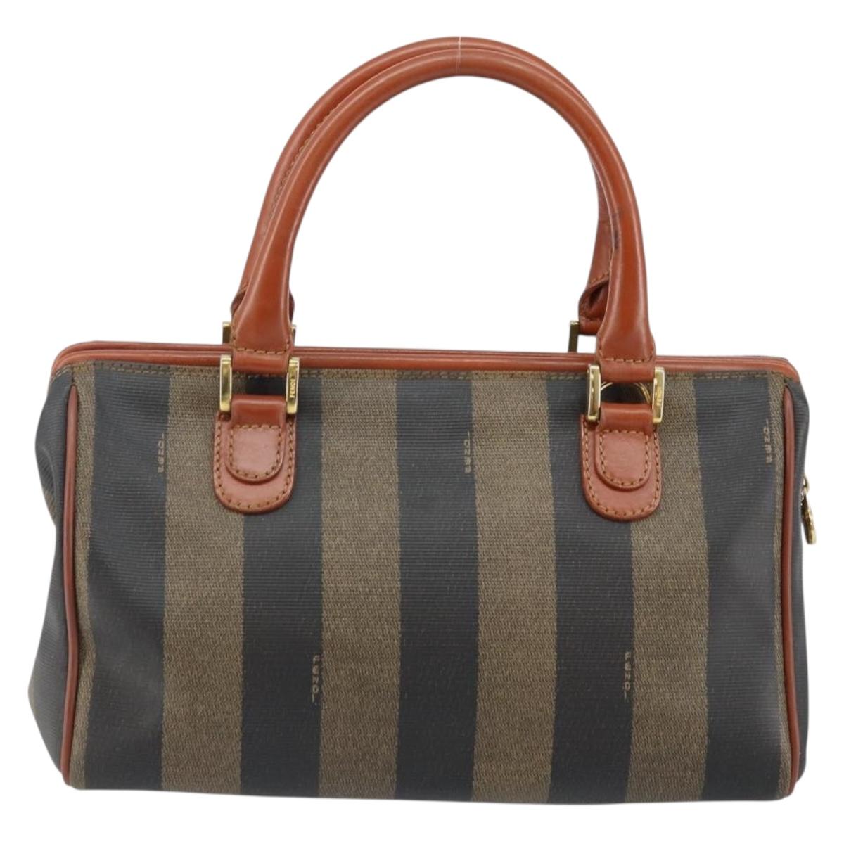 FENDI Pecan Canvas Hand Bag PVC Black Brown Auth 144247