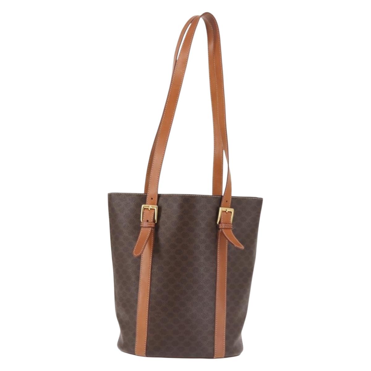 CELINE Macadam Canvas Tote Bag PVC Leather Brown Gold Auth 144276