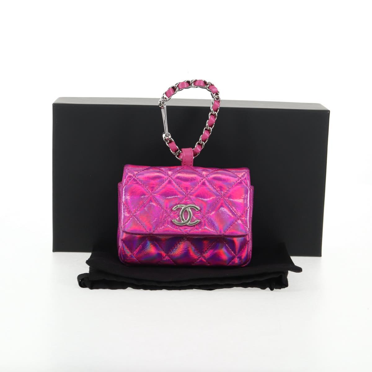CHANEL Matelasse Hand Pouch Patent leather Pink Silver CC Auth 144306A