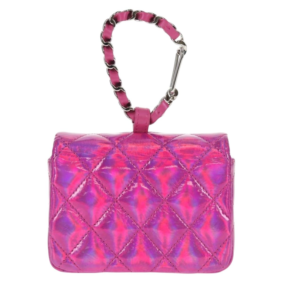 CHANEL Matelasse Hand Pouch Patent leather Pink Silver CC Auth 144306A