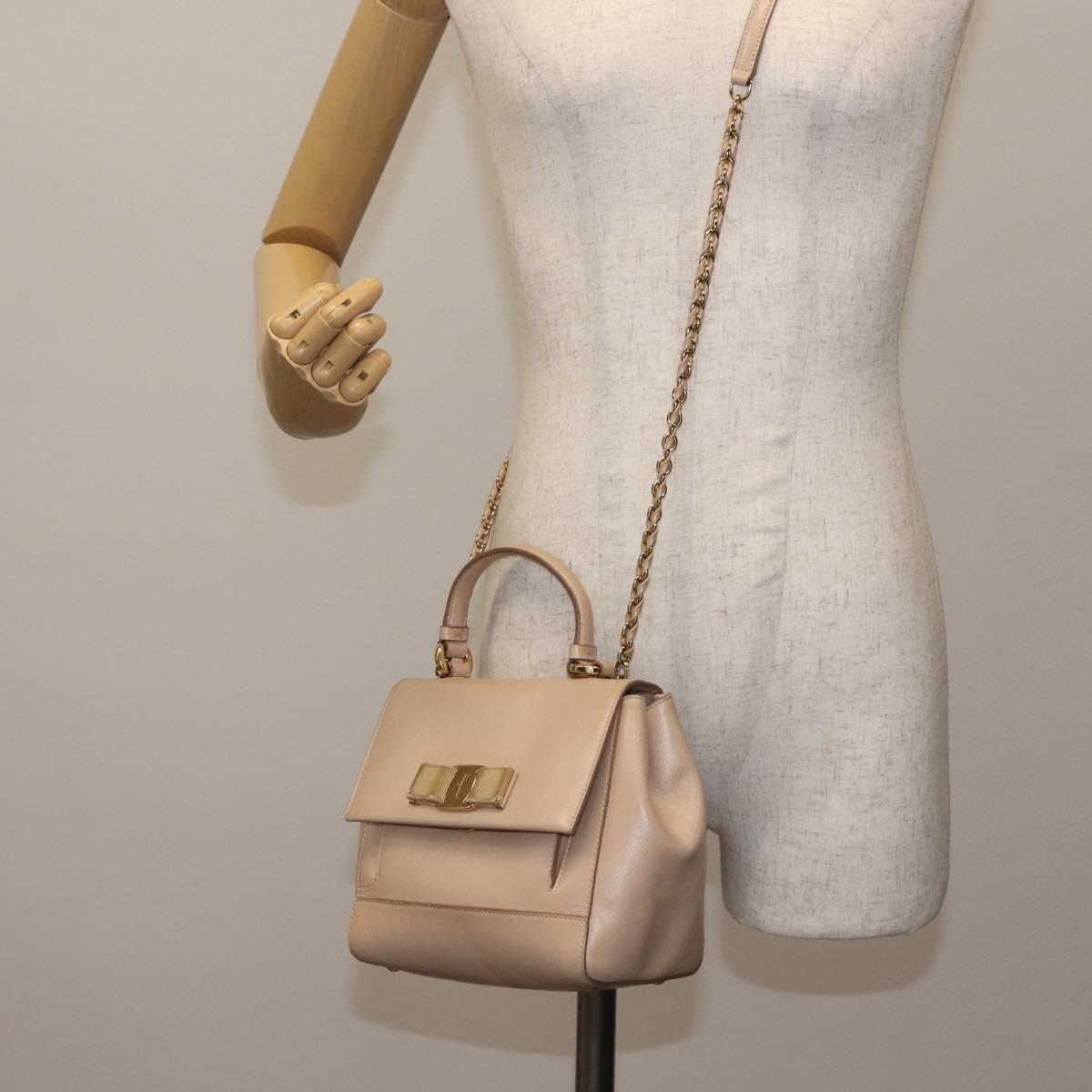 Salvatore Ferragamo Chain Vala Shoulder Bag Leather 2way Pink Gold Auth 144333