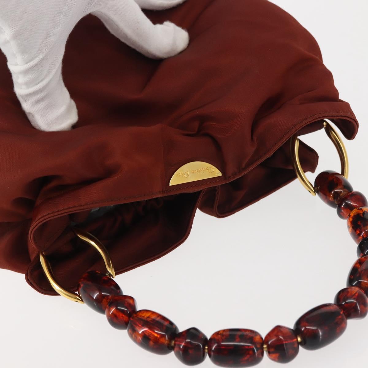 Christian Dior Maris Pearl Hand Bag Nylon Brown Gold Auth 144334