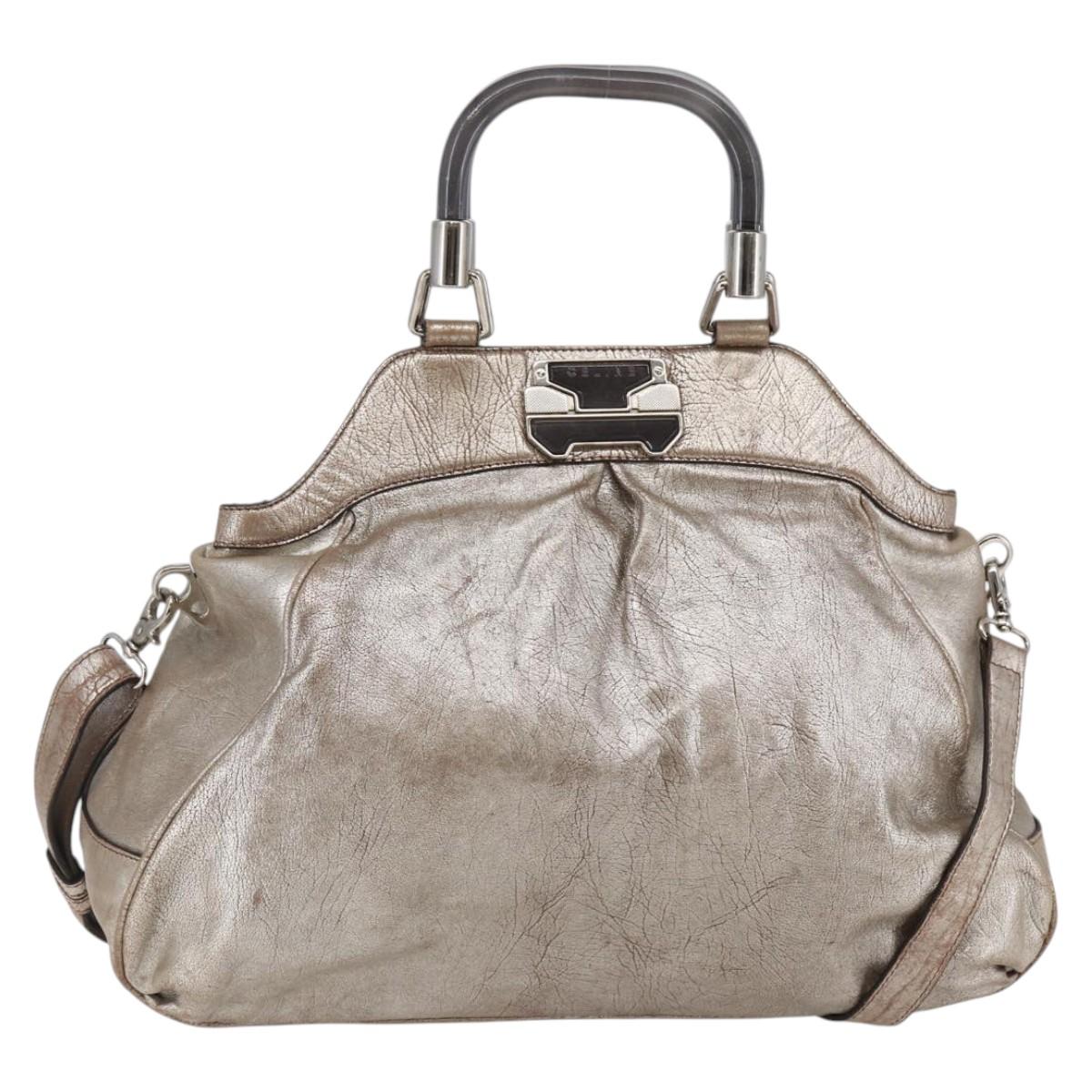CELINE Hand Bag Leather 2way Silver Auth 144335