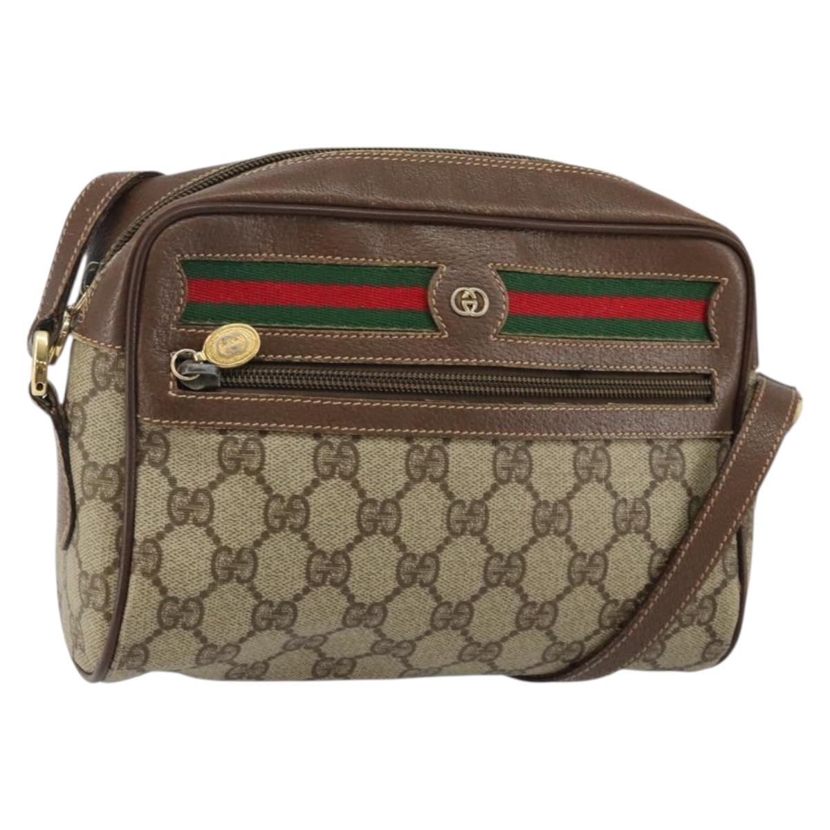 GUCCI GG Supreme Web Sherry Line Shoulder Bag PVC Beige Gold Auth 144379