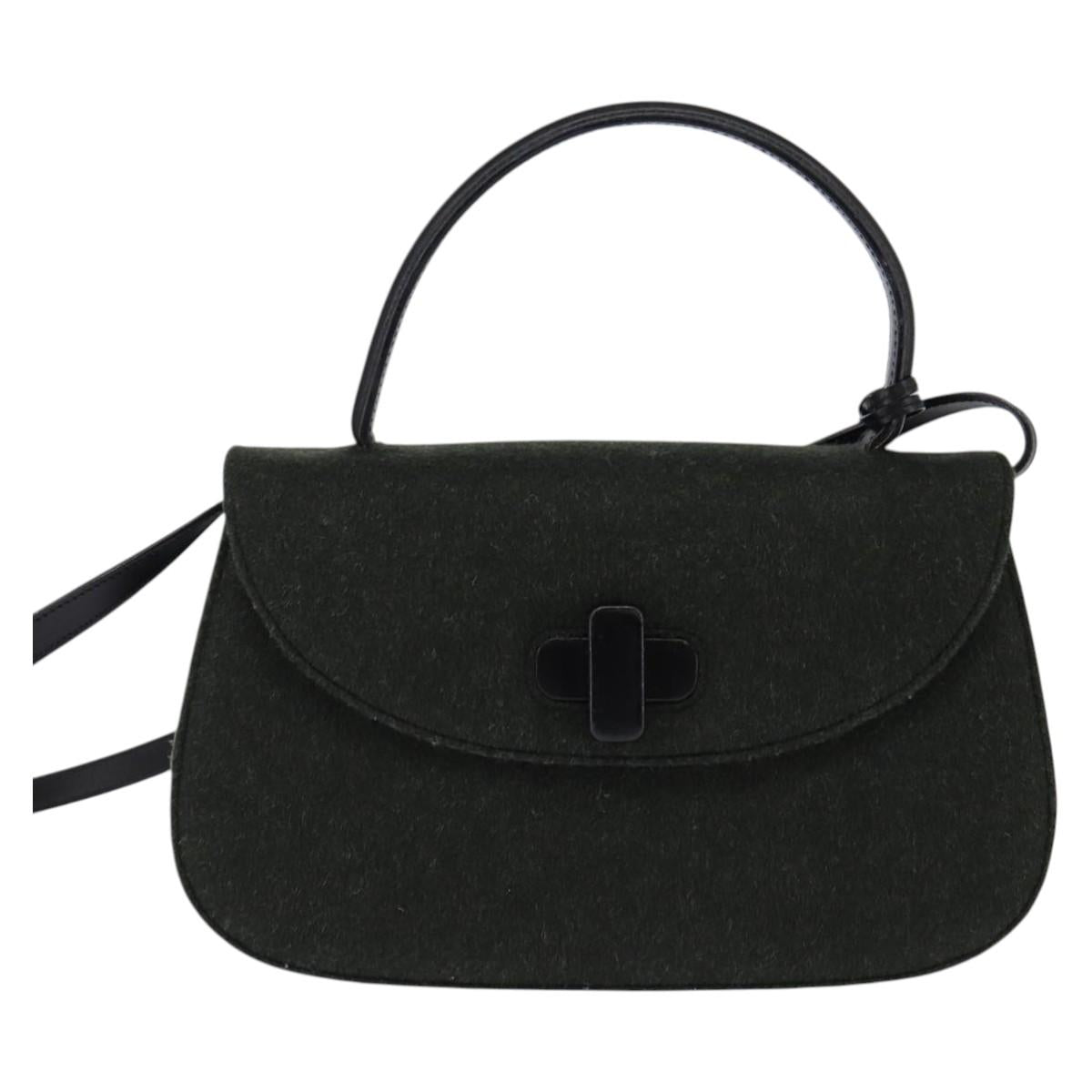 GUCCI Hand Bag Felt 2way Khaki Silver Auth 144382