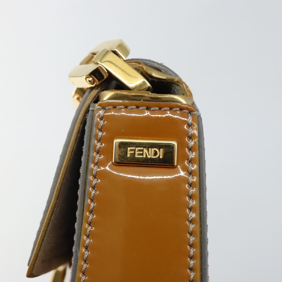 FENDI Mamma Baguette Chain Shoulder Bag Patent leather Gray Gold Auth 144385A
