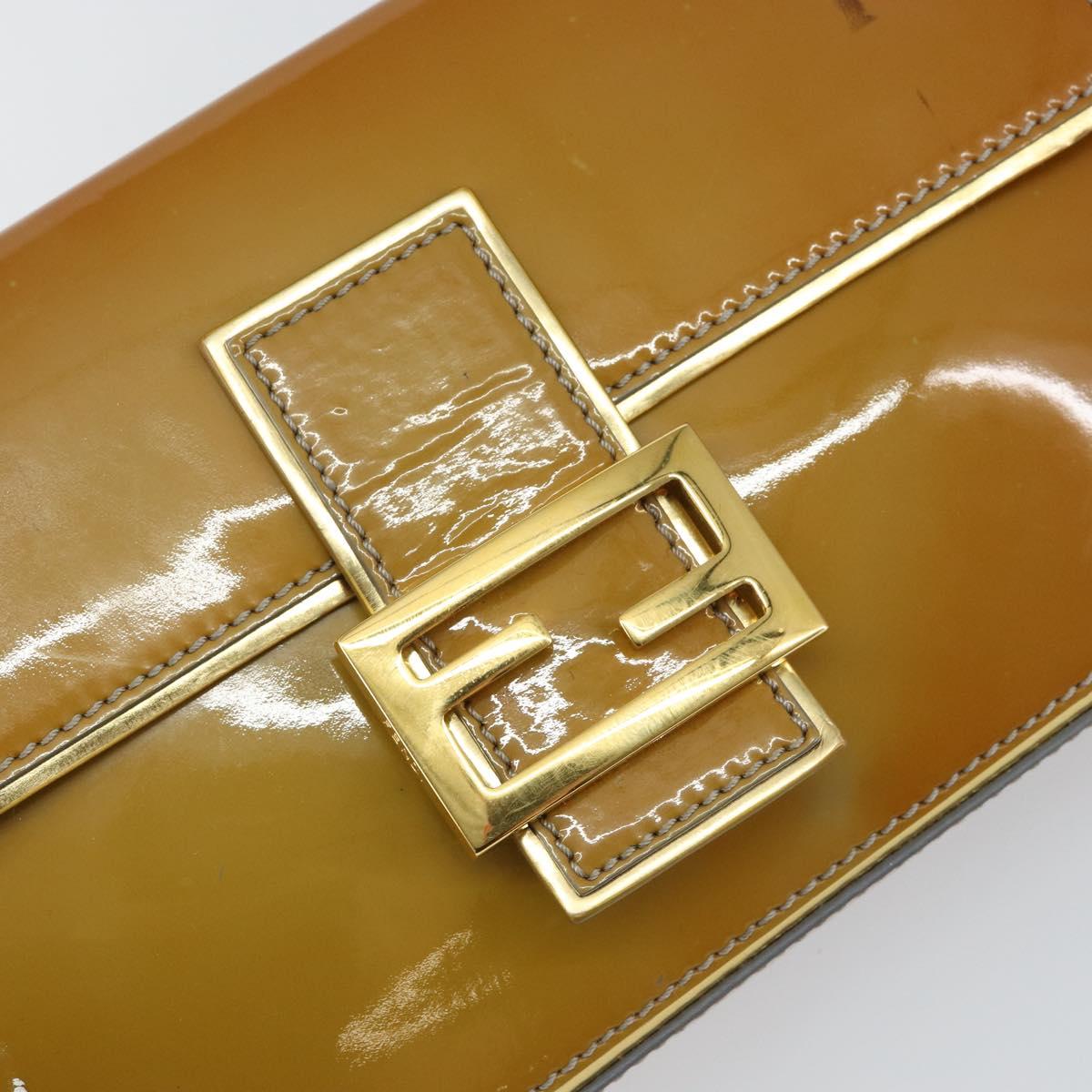 FENDI Mamma Baguette Chain Shoulder Bag Patent leather Gray Gold Auth 144385A