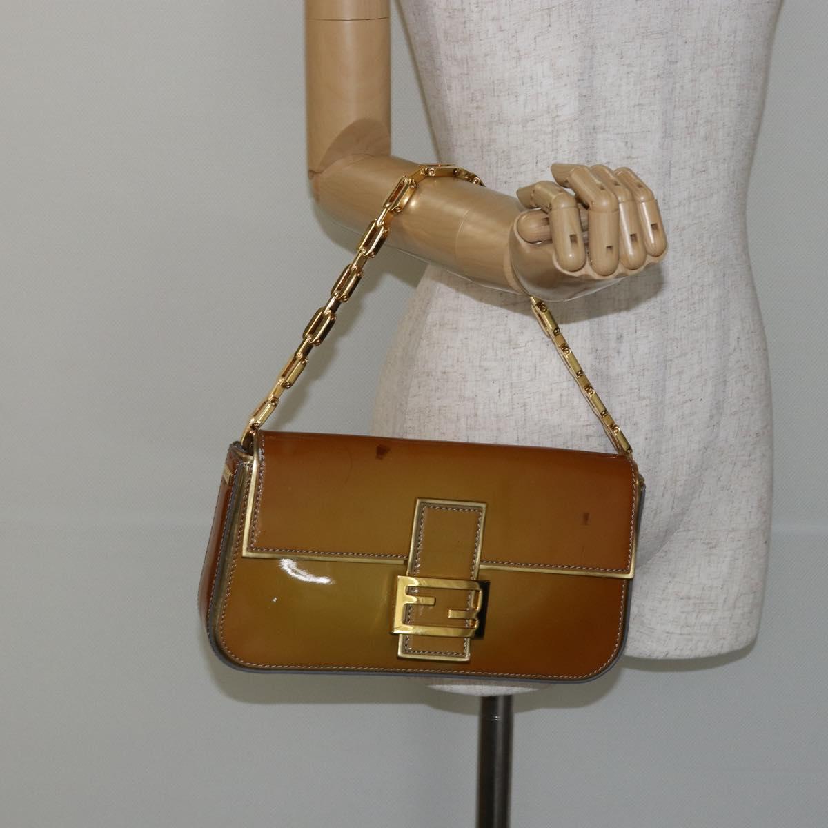 FENDI Mamma Baguette Chain Shoulder Bag Patent leather Gray Gold Auth 144385