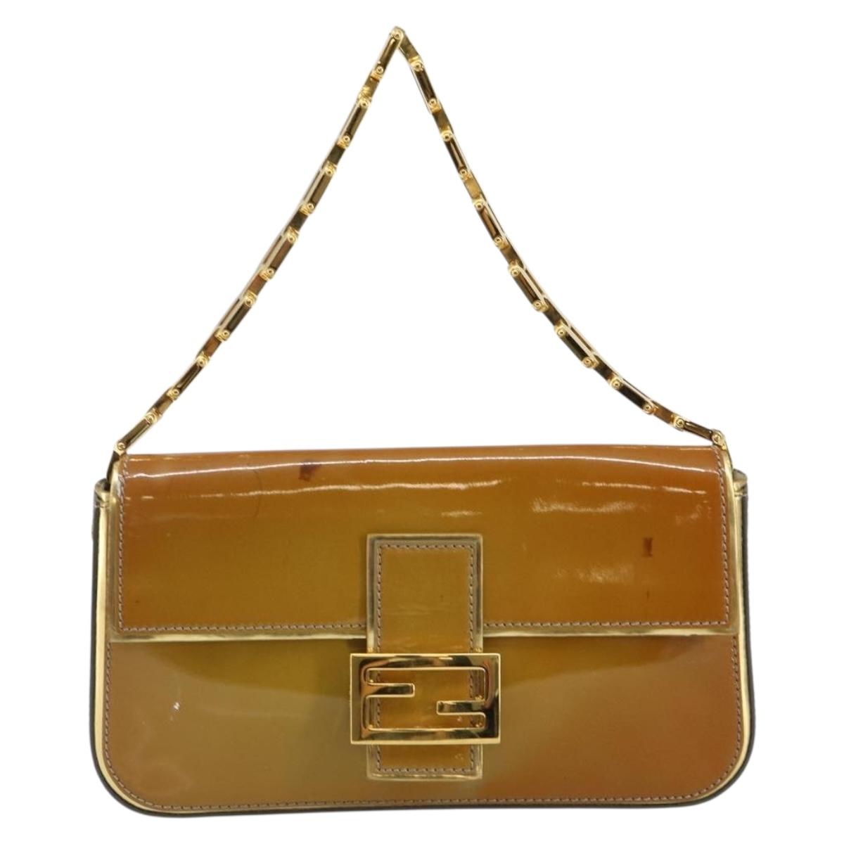 FENDI Mamma Baguette Chain Shoulder Bag Patent leather Gray Gold Auth 144385A