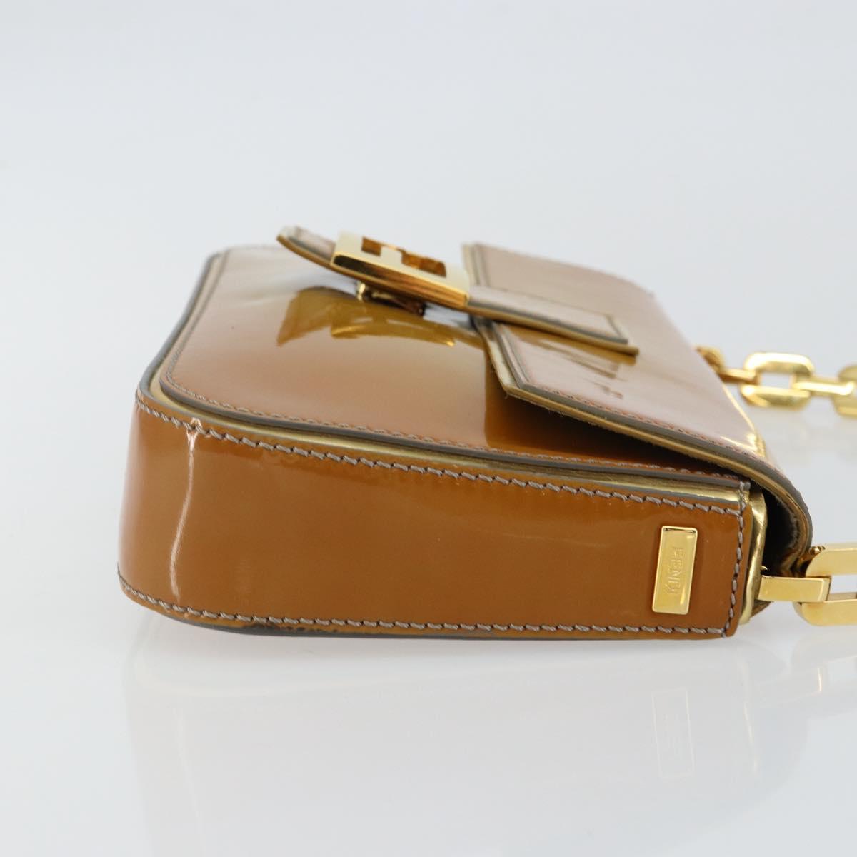 FENDI Mamma Baguette Chain Shoulder Bag Patent leather Gray Gold Auth 144385A