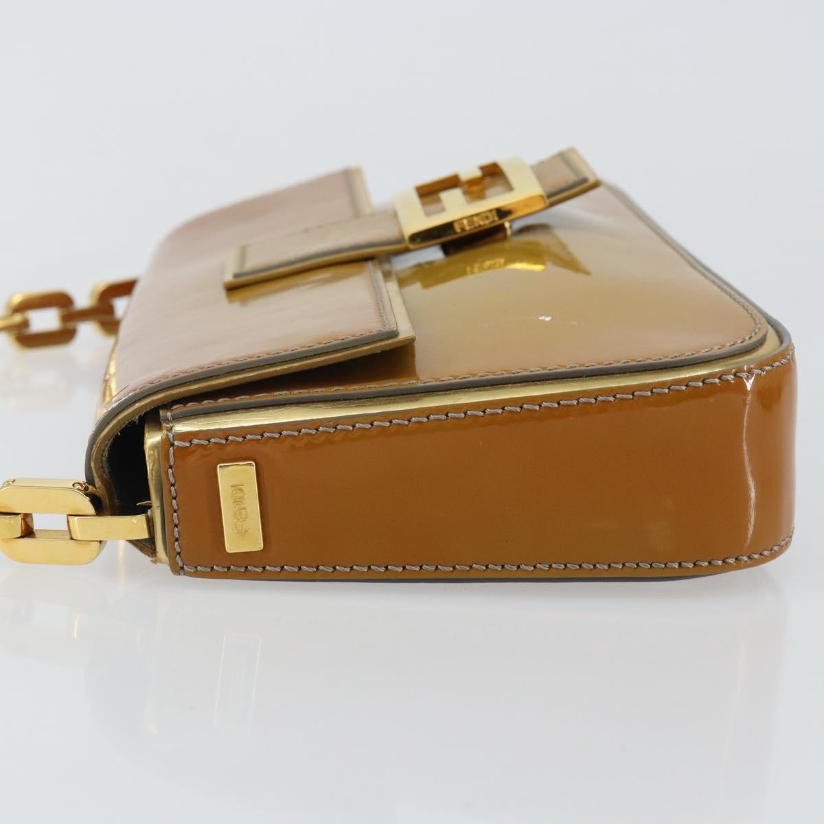 FENDI Mamma Baguette Chain Shoulder Bag Patent leather Gray Gold Auth 144385A