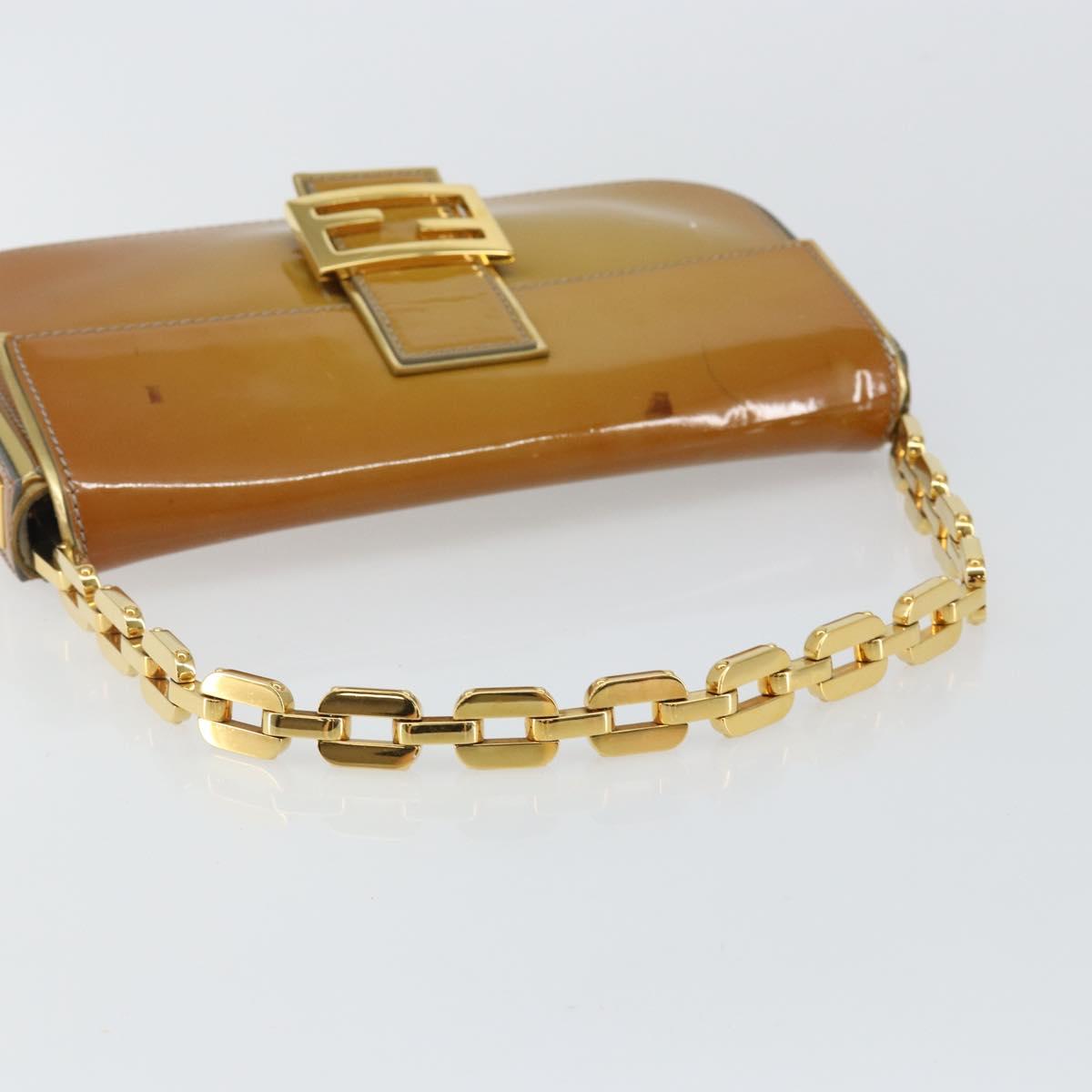 FENDI Mamma Baguette Chain Shoulder Bag Patent leather Gray Gold Auth 144385
