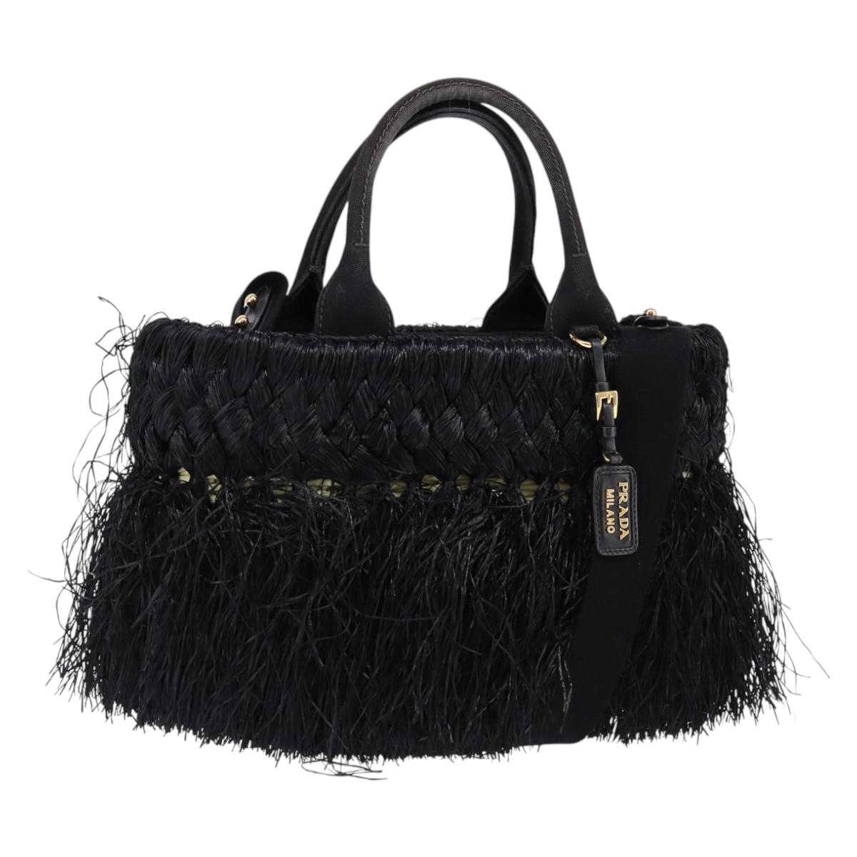 PRADA Basket bag Hand Bag Raffia 2way Black Gold Auth 144390