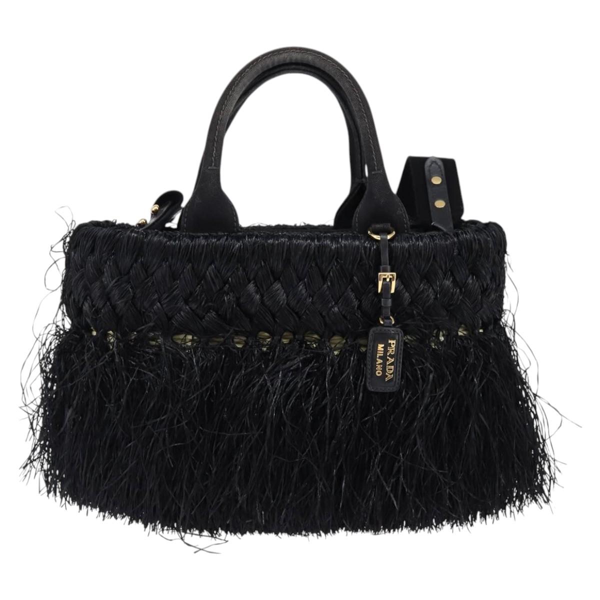 PRADA Basket bag Hand Bag Raffia 2way Black Gold Auth 144390
