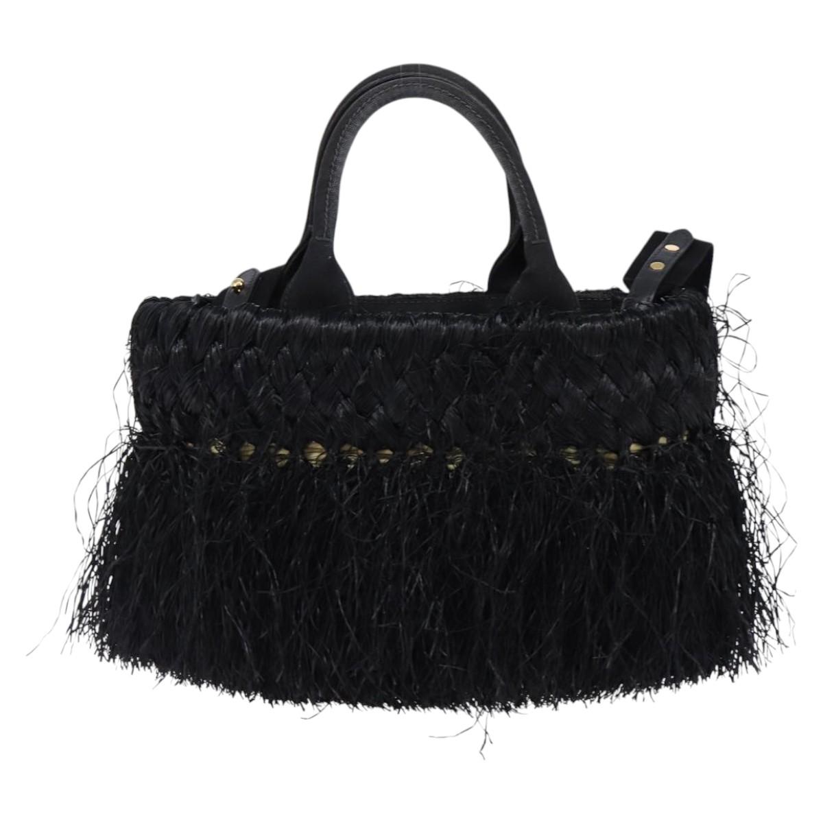 PRADA Basket bag Hand Bag Raffia 2way Black Gold Auth 144390