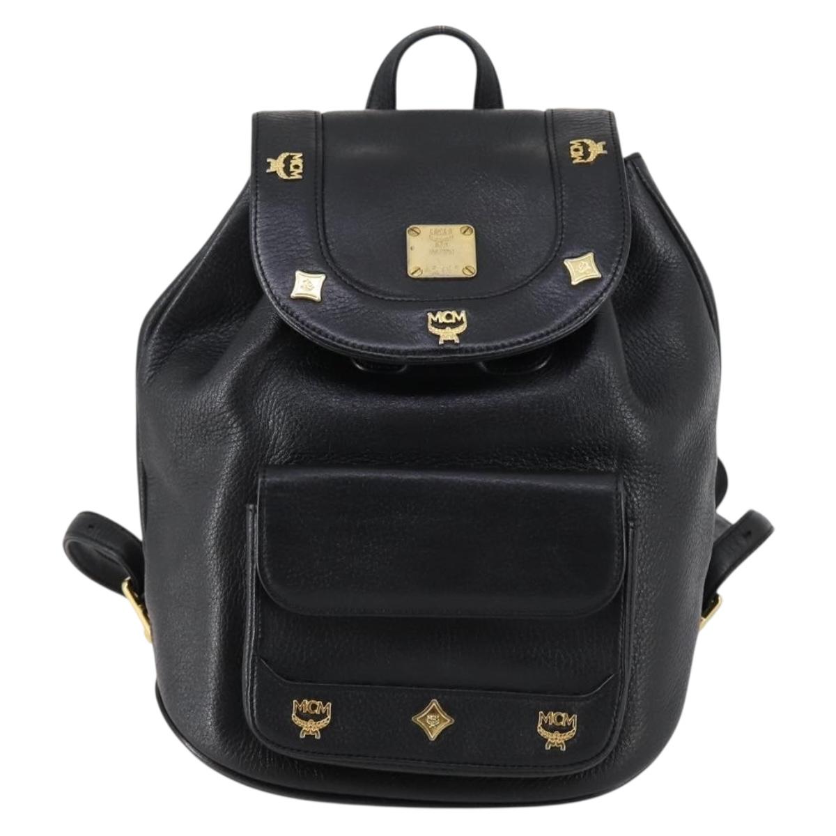 MCM Studs Backpack Leather Black Gold Auth 144411