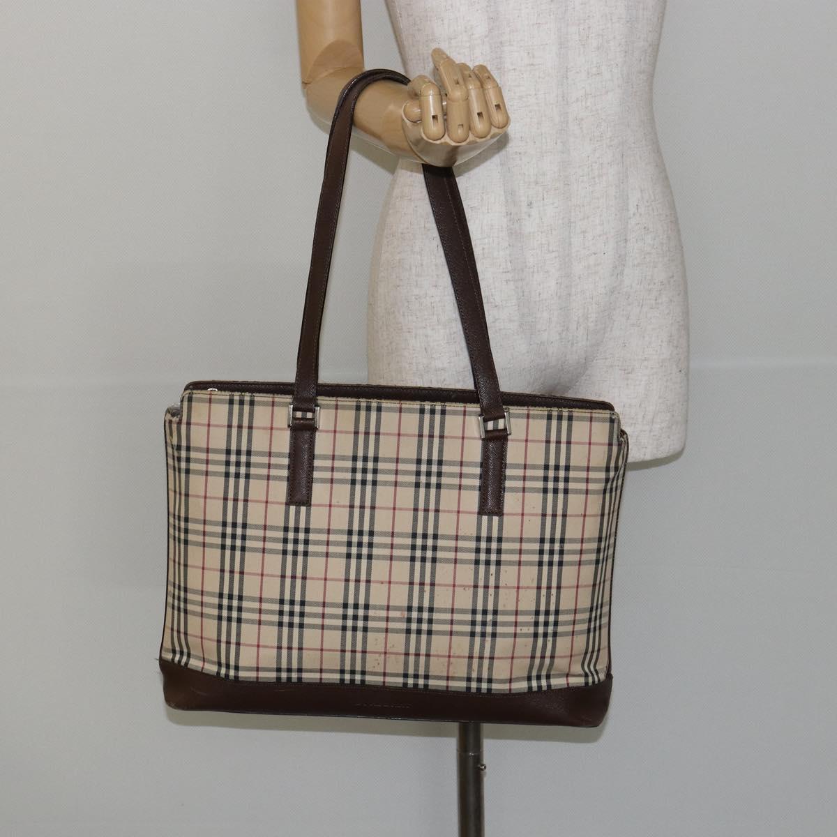 BURBERRY Nova Check Tote Bag Canvas Leather Beige Silver Auth 144429