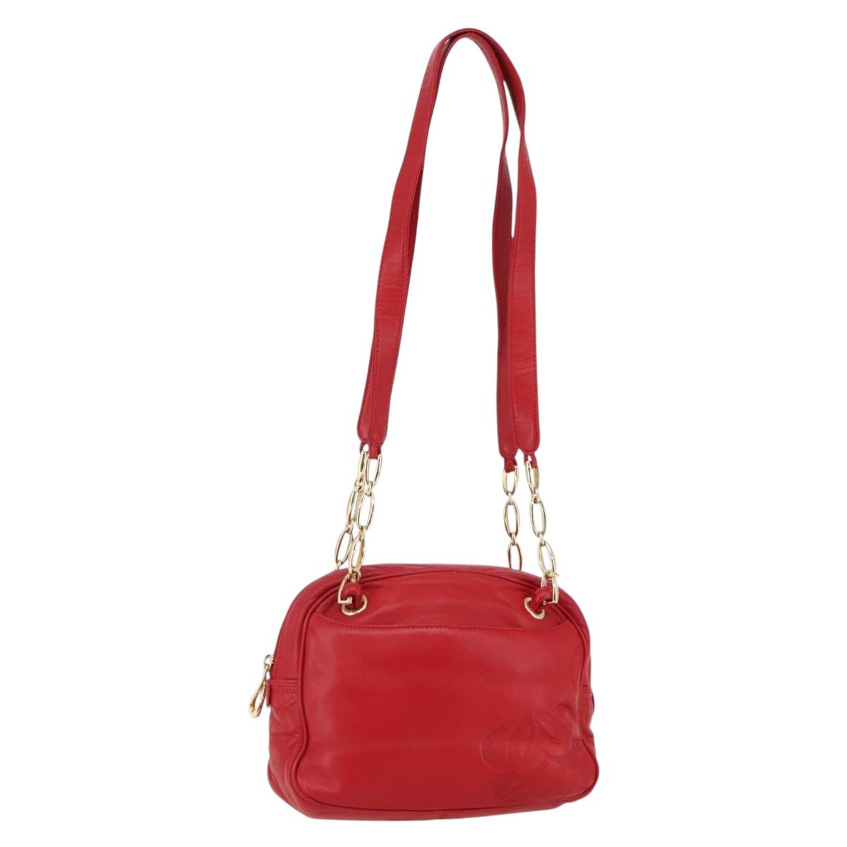 LOEWE Anagram Chain Shoulder Bag Leather Red Gold Auth 144443V