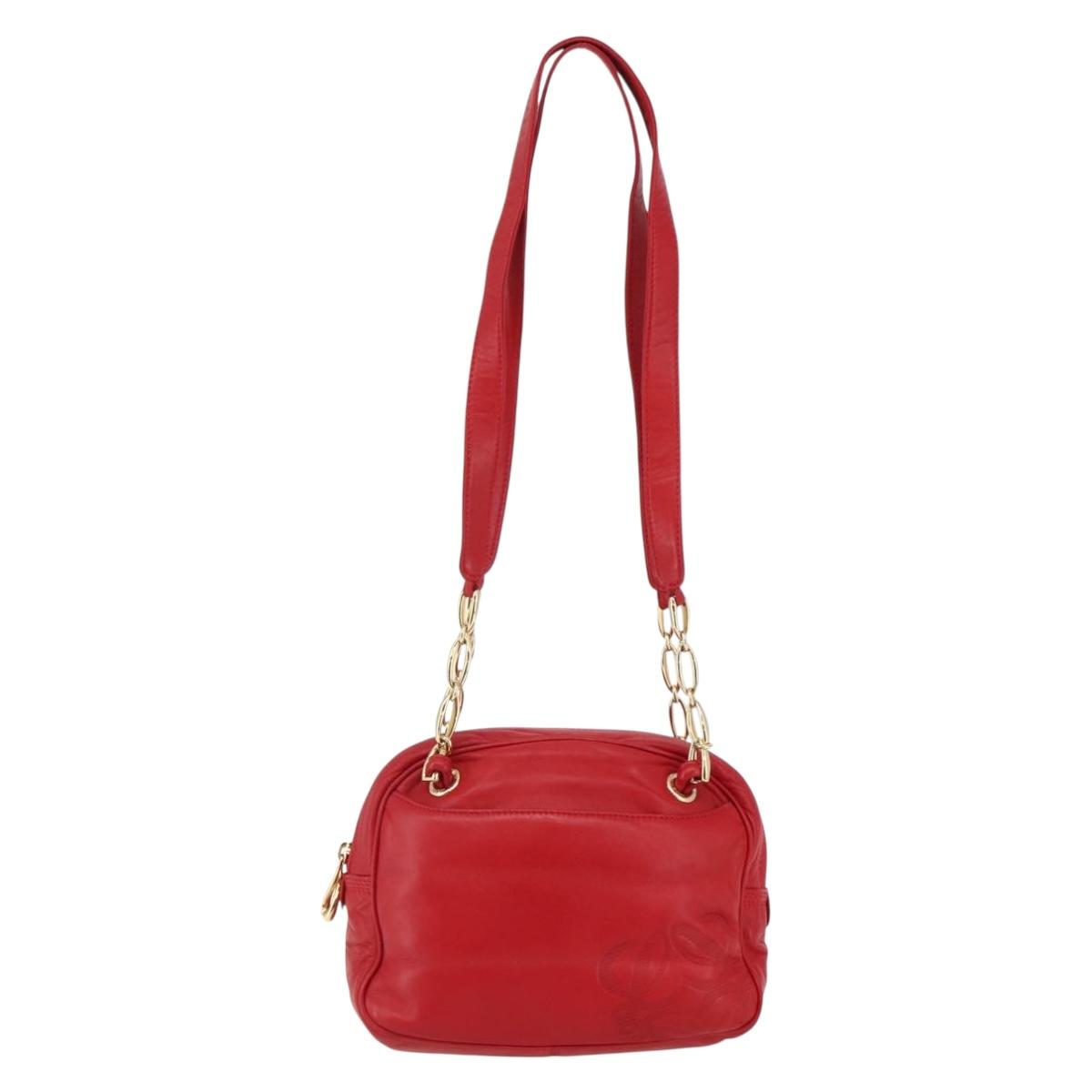 LOEWE Anagram Chain Shoulder Bag Leather Red Gold Auth 144443V