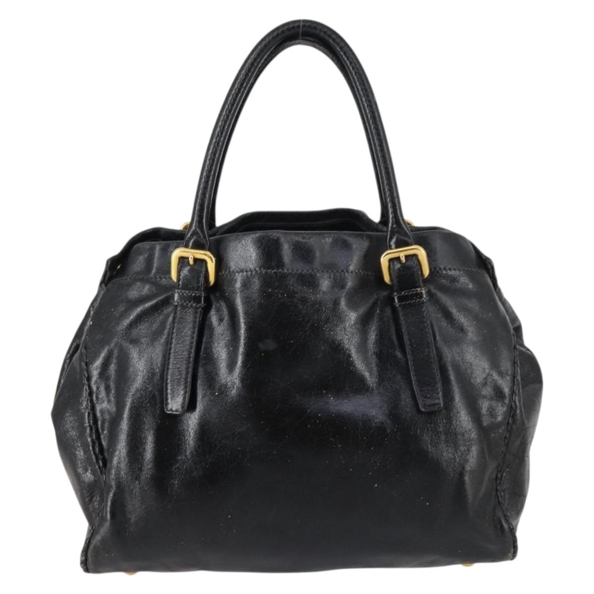 PRADA Hand Bag Leather 2way Black Gold Auth 144447