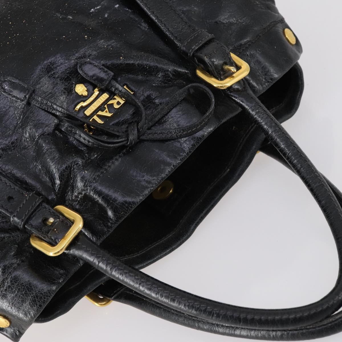 PRADA Hand Bag Leather 2way Black Gold Auth 144447