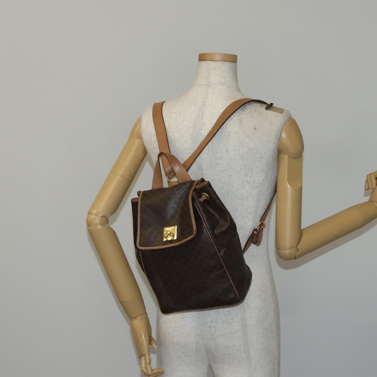 CELINE Macadam Canvas Backpack PVC Leather Brown Gold Auth 144490