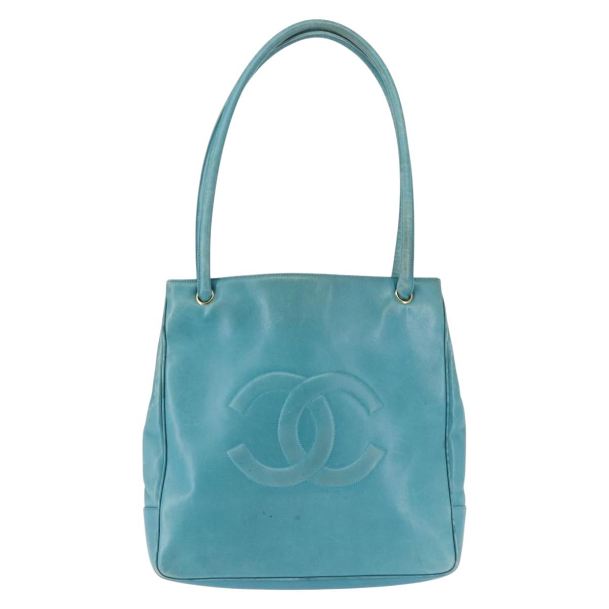CHANEL COCO Mark Shoulder Bag Lamb Skin Turquoise Blue Gold CC Auth 144517