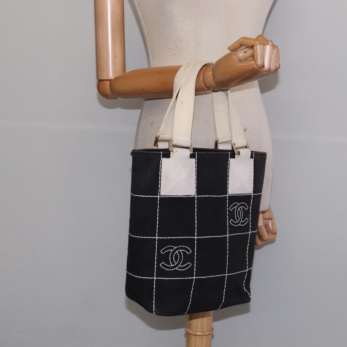 CHANEL Choco Bar COCO Mark Hand Bag Canvas Black Gold CC Auth 144563