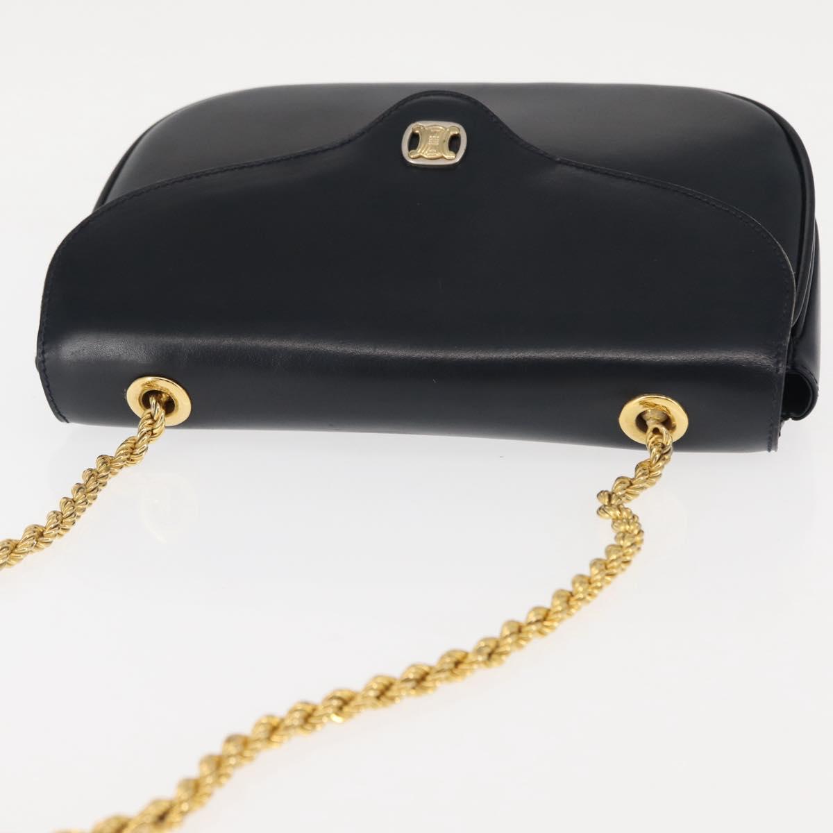 CELINE Chain Shoulder Bag Leather Navy Gold Auth 144581