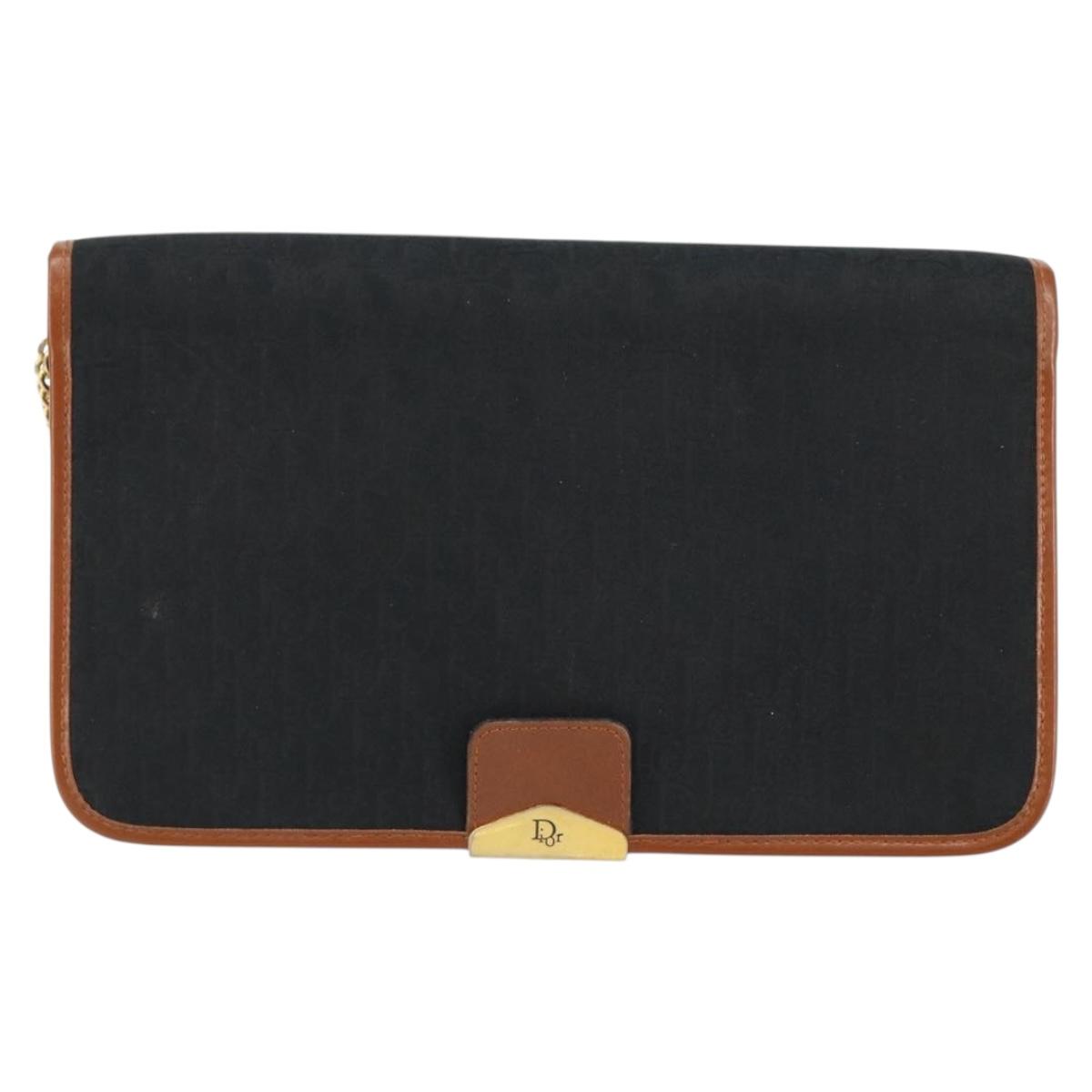 Christian Dior Trotter Canvas Chain Shoulder Bag Black Gold Auth 144627