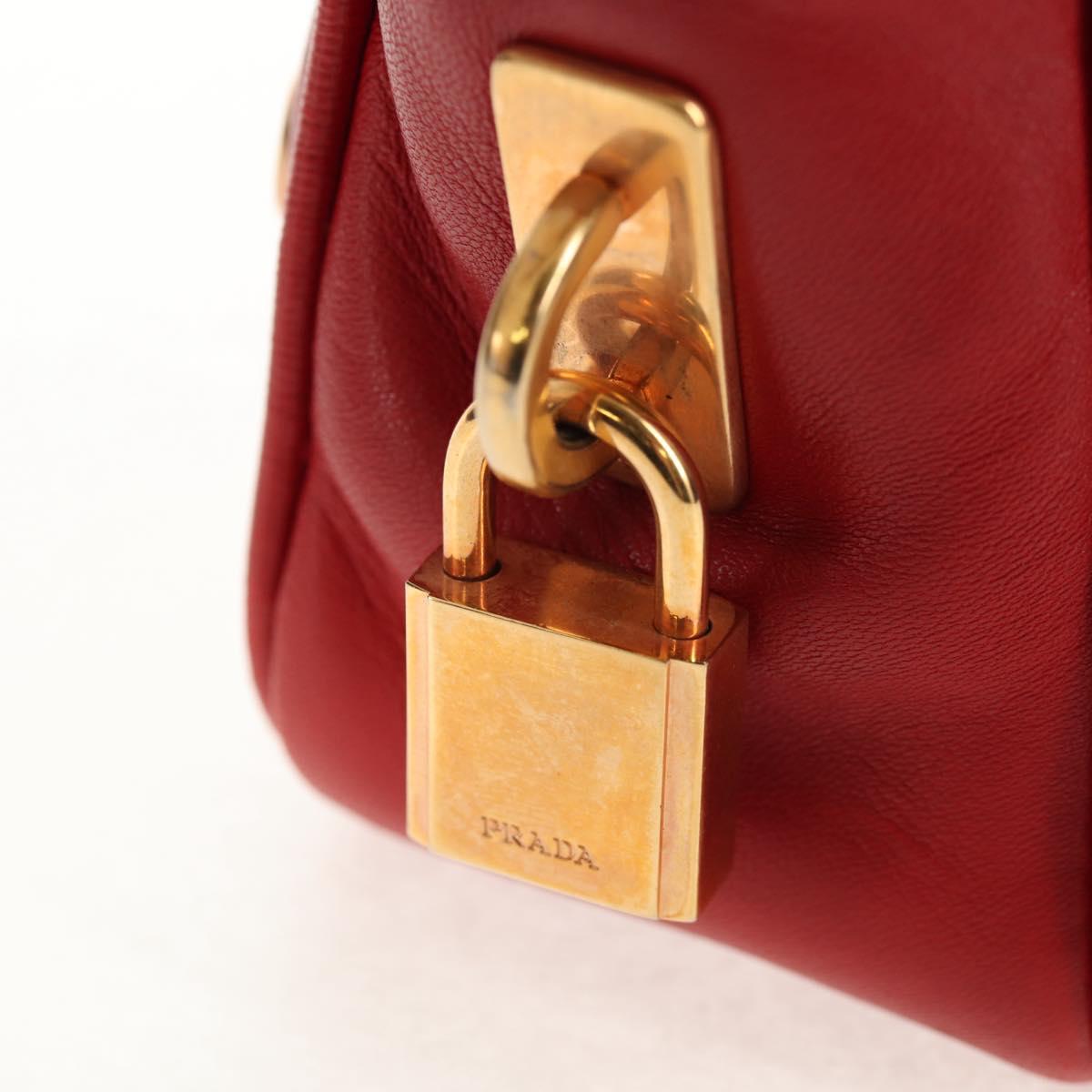 PRADA Hand Bag Leather Red Gold Auth 144642V