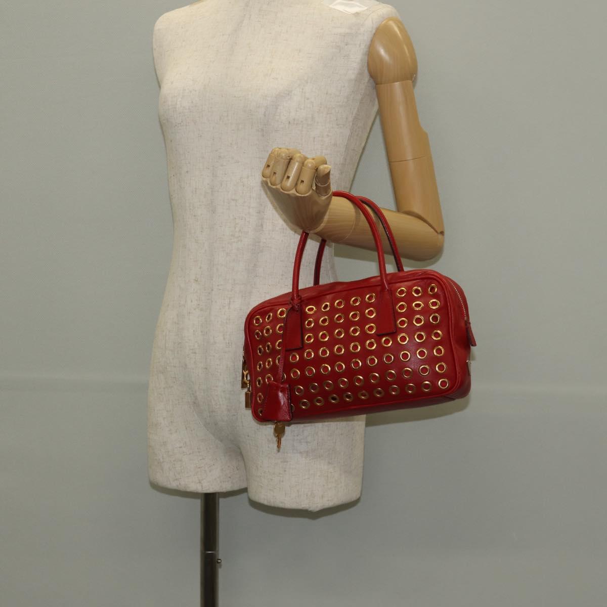 PRADA Hand Bag Leather Red Gold Auth 144642V