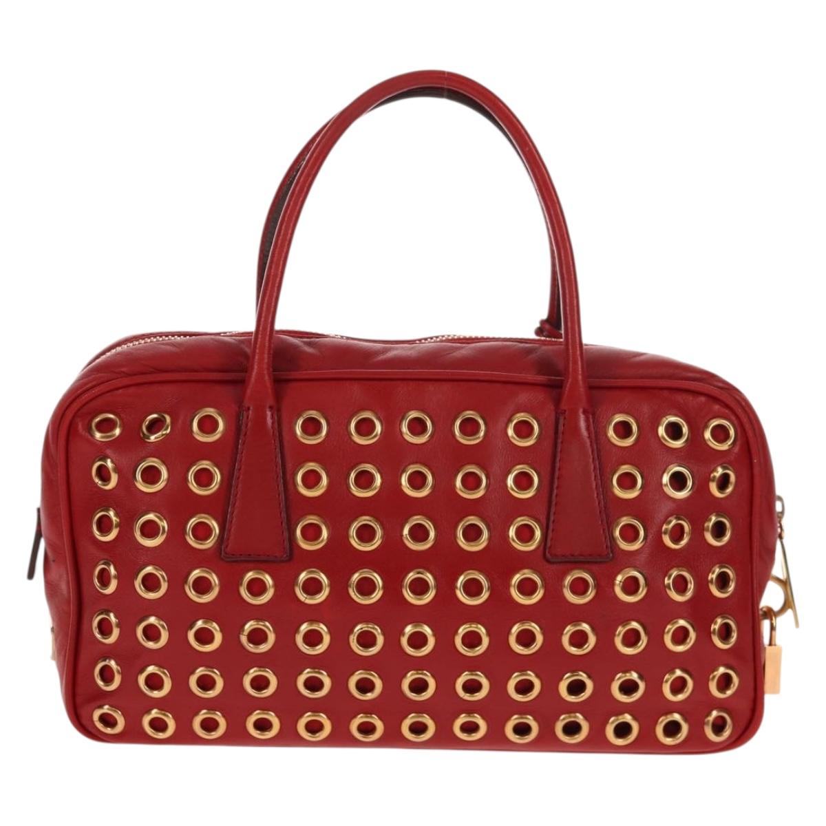 PRADA Hand Bag Leather Red Gold Auth 144642V