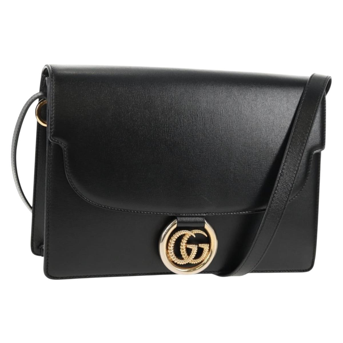GUCCI GG Logo Shoulder Bag Leather Black Gold 589471 Auth 144672M
