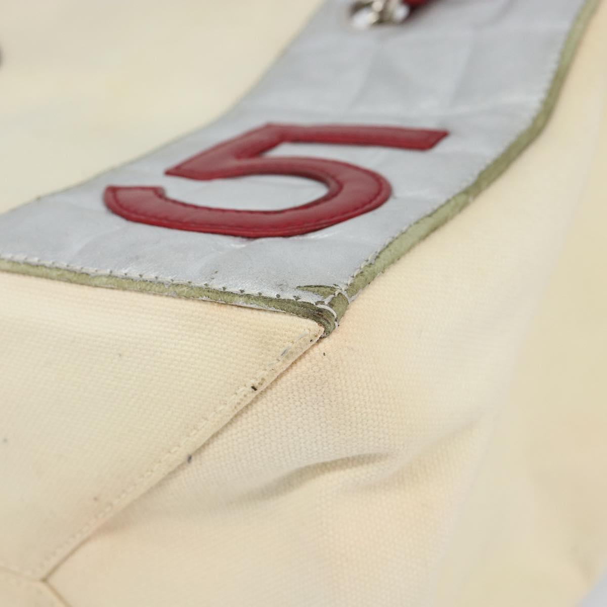 CHANEL Chain Tote Bag No5 Canvas Beige Silver CC Auth 144809