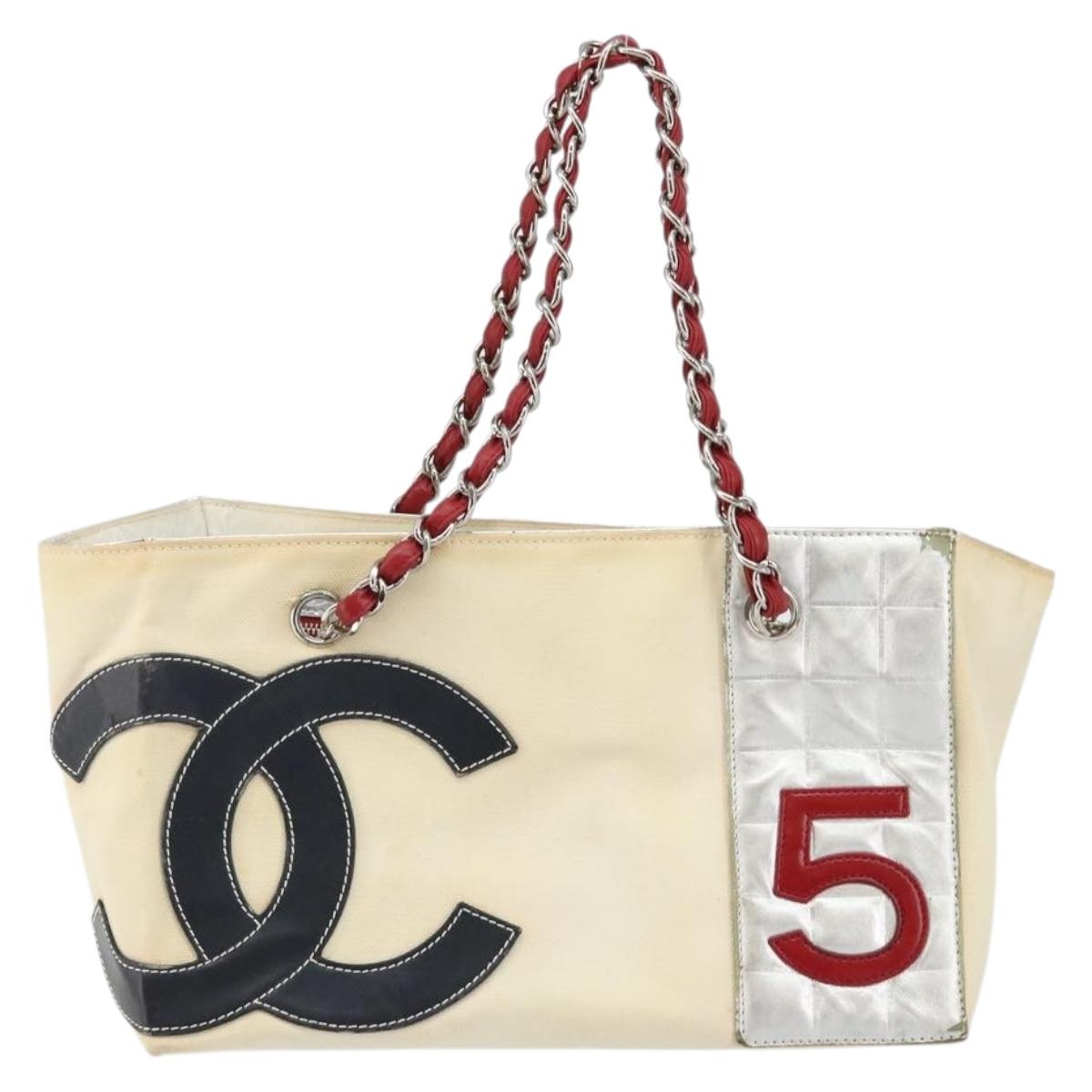 CHANEL Chain Tote Bag No5 Canvas Beige Silver CC Auth 144809