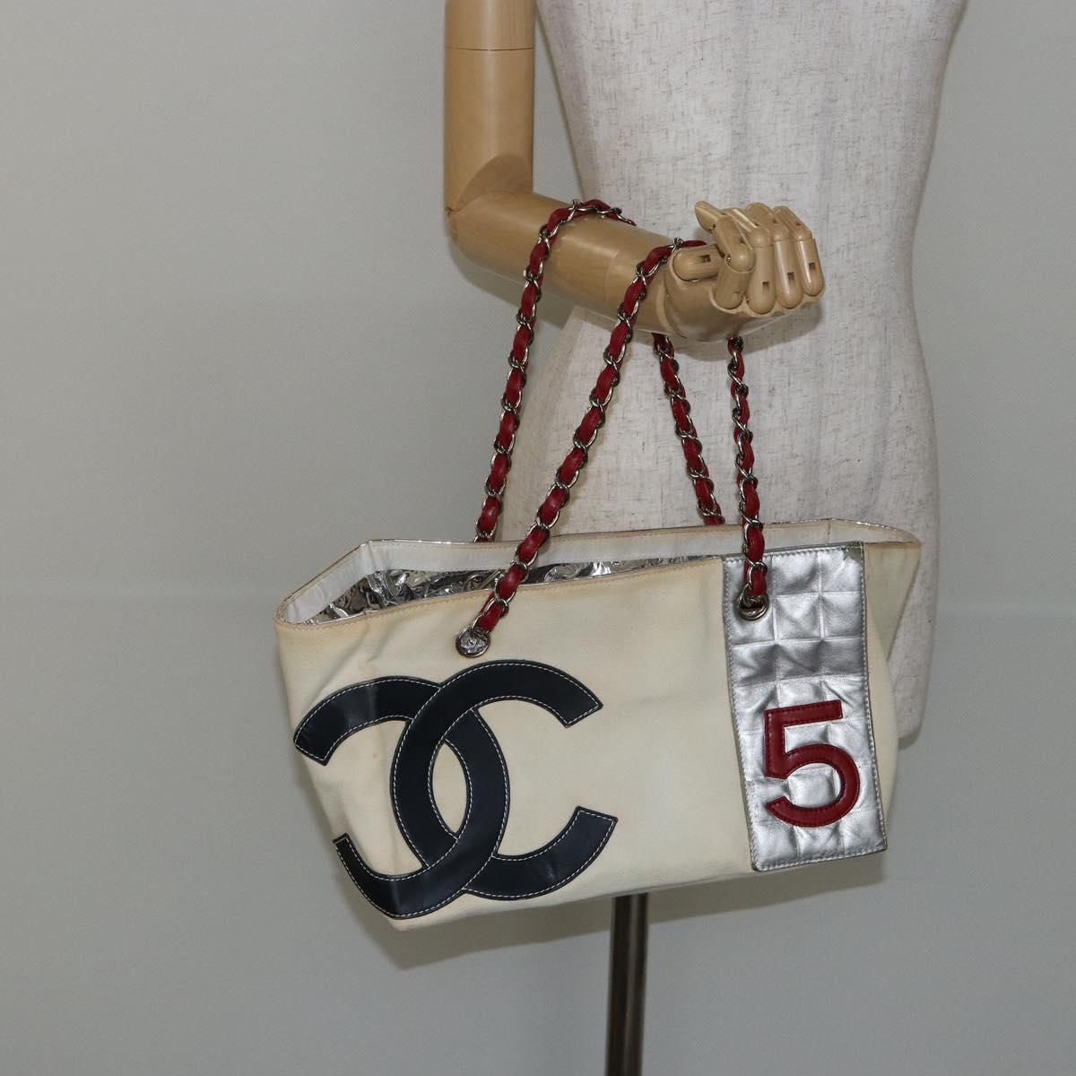 CHANEL Chain Tote Bag No5 Canvas Beige Silver CC Auth 144809