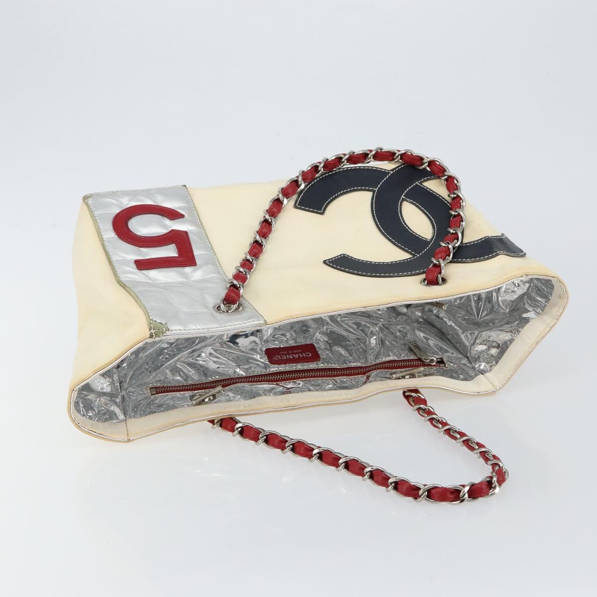 CHANEL Chain Tote Bag No5 Canvas Beige Silver CC Auth 144809