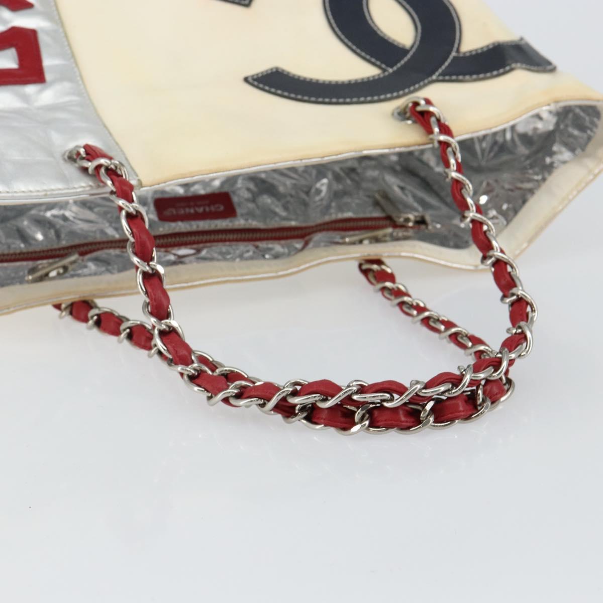 CHANEL Chain Tote Bag No5 Canvas Beige Silver CC Auth 144809