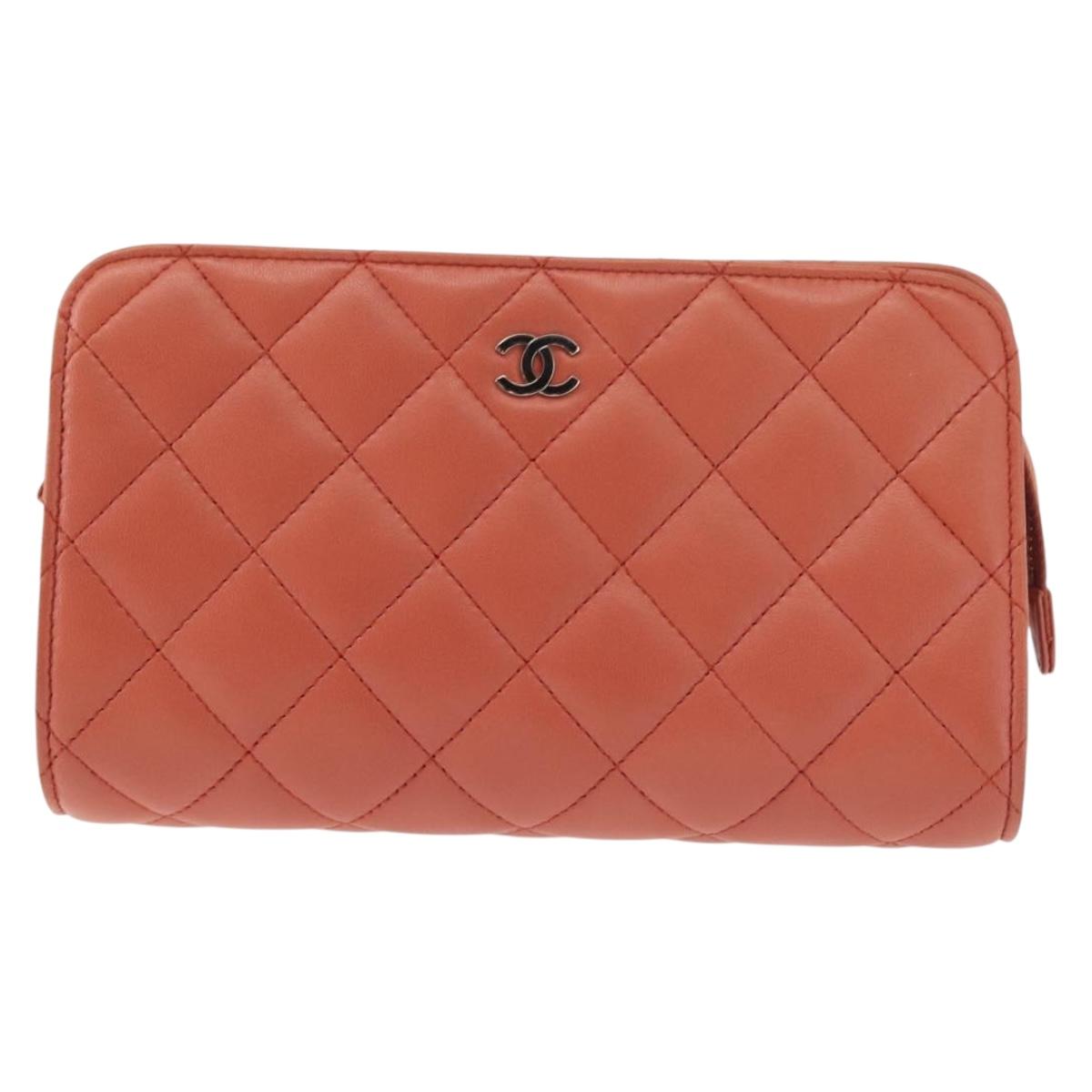 CHANEL Matelasse Pouch Lamb Skin Orange Silver CC Auth 144810