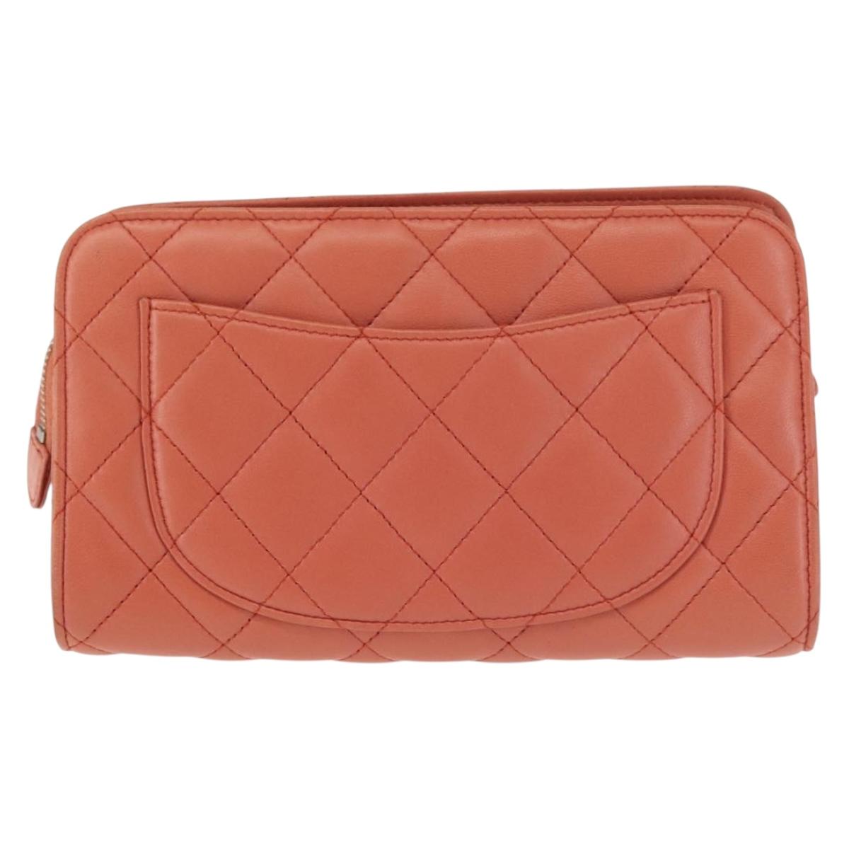 CHANEL Matelasse Pouch Lamb Skin Orange Silver CC Auth 144810